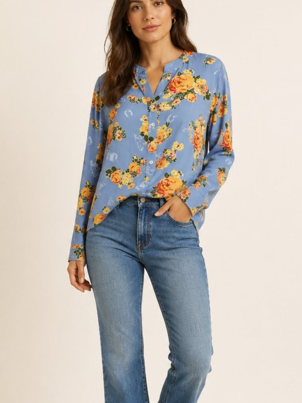 MODCLOTH Floral Blue Collarless Tunic Top NWT